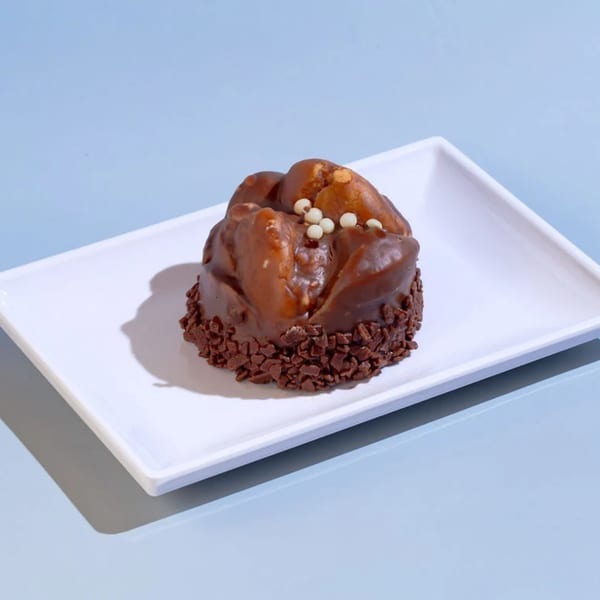 A chocolate-covered dessert with white sprinkles and chocolate shavings on a white rectangular plate.