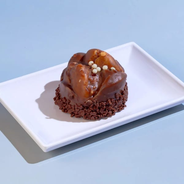 A chocolate-covered pastry with white sprinkles and chocolate shavings on a white rectangular plate.